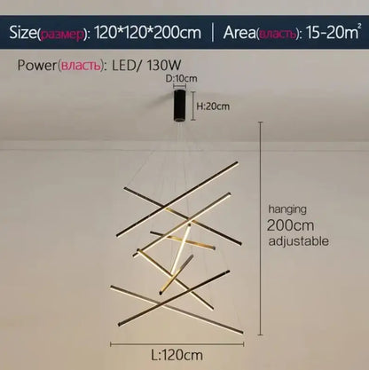 Modern geometric decorbites led stair chandelier with intersecting black and gold metallic rods for indoor lighting
