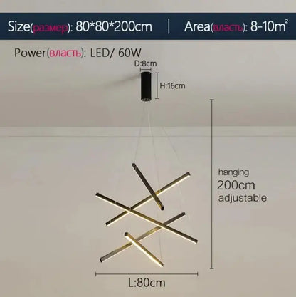 Modern geometric decorbites led stair chandelier with intersecting gold toned led rods and black cylindrical mount