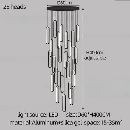 Modern black and silver aluminum DecorBites led staircase branch chandelier with 25 LED light heads for living rooms