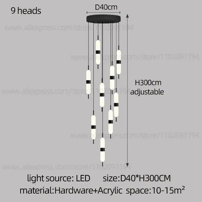 Black and white cylindrical decorbites led staircase chandelier with nine led light heads for ceiling lighting decoration