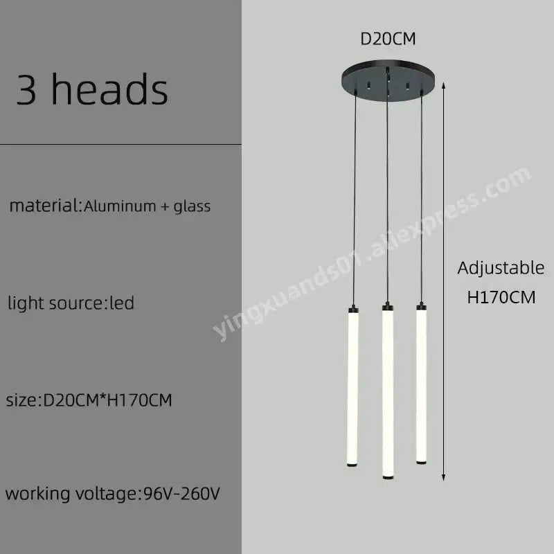 Modern minimalist decorbites led staircase chandelier with three white cylindrical led bulbs and black aluminum mount