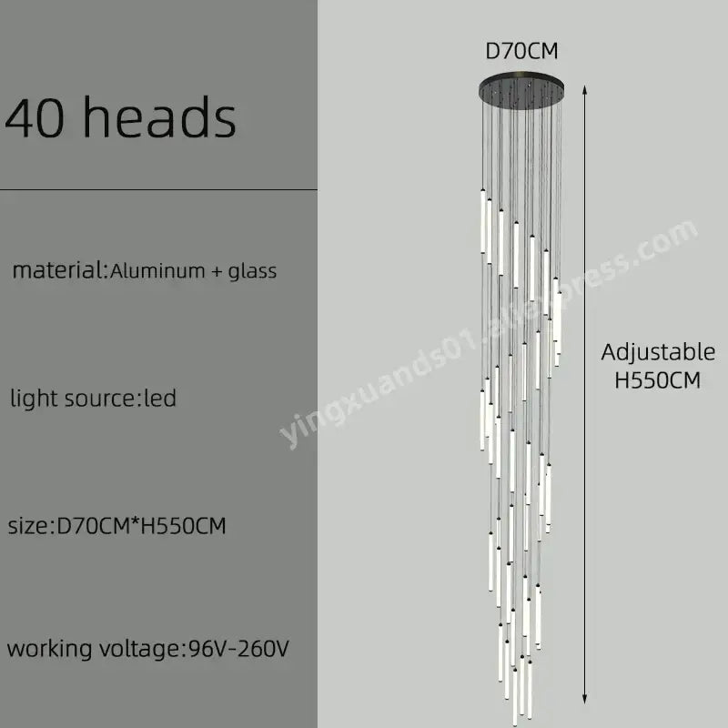 Modern minimalist DecorBites LED staircase chandelier with 40 slender aluminum and glass LED light heads for home and hotel lighting