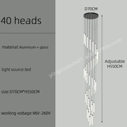 Modern minimalist DecorBites LED staircase chandelier with 40 slender aluminum and glass LED light heads for home and hotel lighting