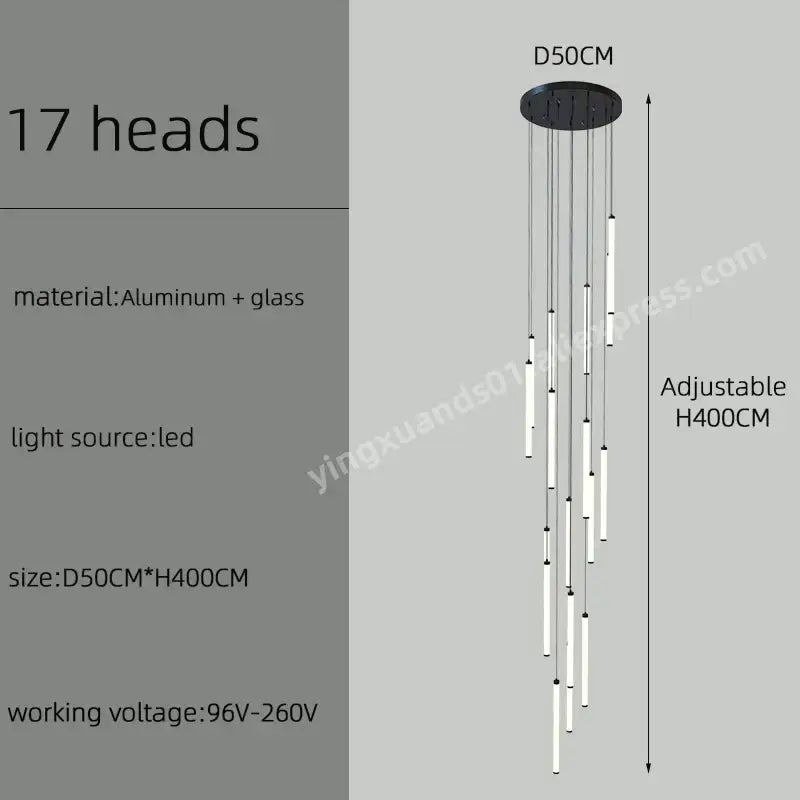 Modern black and white DecorBites LED staircase chandelier with 17 cylindrical glass light heads and aluminum mount
