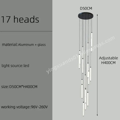 Modern black and white DecorBites LED staircase chandelier with 17 cylindrical glass light heads and aluminum mount