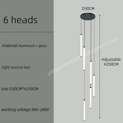 Modern minimalist DecorBites LED staircase chandelier with six glass tubes and aluminum mount for home and hotel lighting