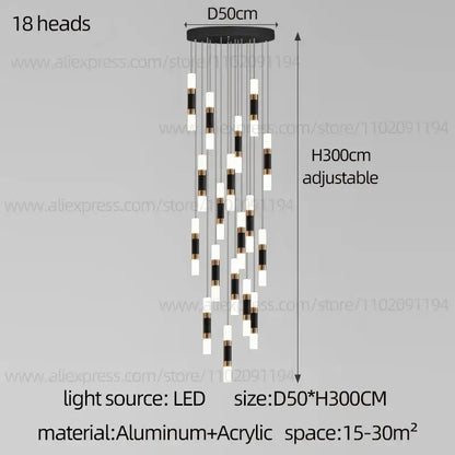 Modern black and white led staircase chandelier with 18 cylindrical light heads suspended from aluminum base