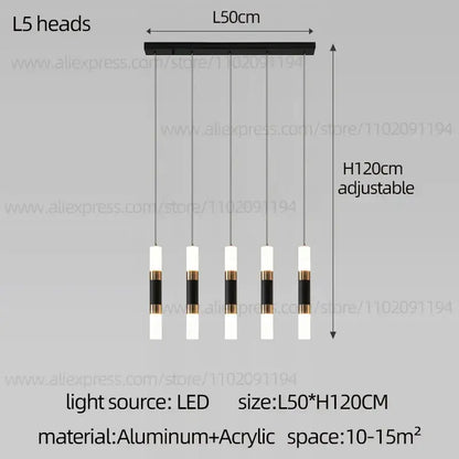 Modern black and white led staircase chandelier with gold accents and five cylindrical bulbs on aluminum bar for duplex lighting