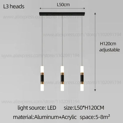 Decorbites™ black and gold l3 heads led staircase chandelier with three cylindrical led bulbs on aluminum bar