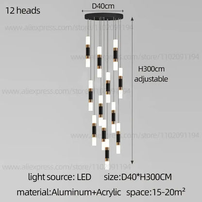 DecorBites™ modern black and white led staircase chandelier with 12 cylindrical lights suspended from an aluminum base