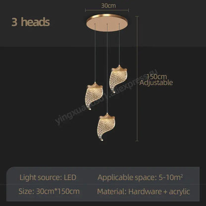 Gold-toned three-head decorbites led staircase pendant light with crystal leaf lampshades for living and dining rooms