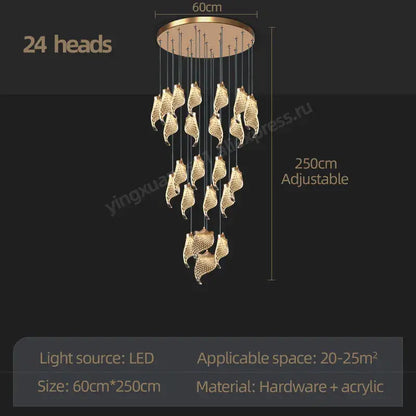 Gold-toned decorbites led staircase chandelier with 24 leaf-shaped led light heads for living and dining rooms