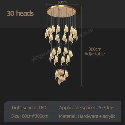Gold-toned decorbites led staircase chandelier with 30 leaf-shaped led light heads for living and dining rooms