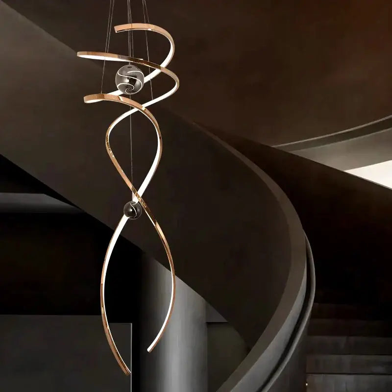 DecorBites™ led staircase pendant light with brushed gold finish and glass accents for indoor stair chandelier lighting