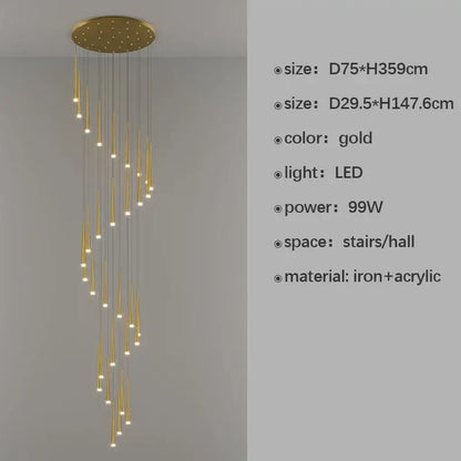 Gold-colored modern decorbites led staircase chandelier with slender acrylic rods suspended from circular iron base