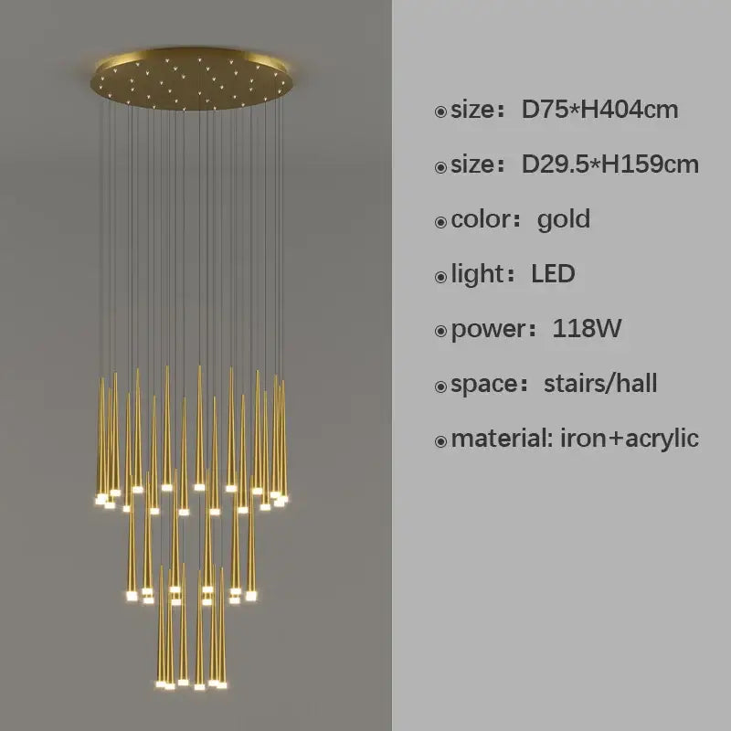 Gold-colored modern decorbites led staircase chandelier with circular iron acrylic base and cascading slender led lights