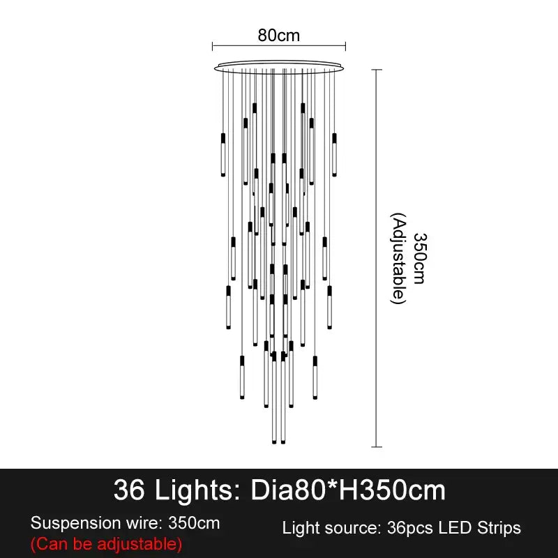 Modern black and white led staircase chandelier with 36 lights and adjustable suspension wire for luxury living spaces