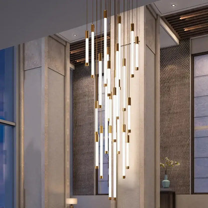 Modern gold-accented led staircase chandelier with vertical illuminated tubes for living room or restaurant lighting