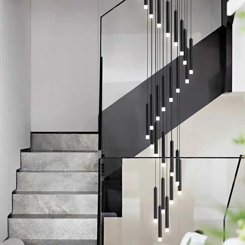 Modern black cylindrical decorbites led staircase chandeliers with glowing white led bulbs for living room decor