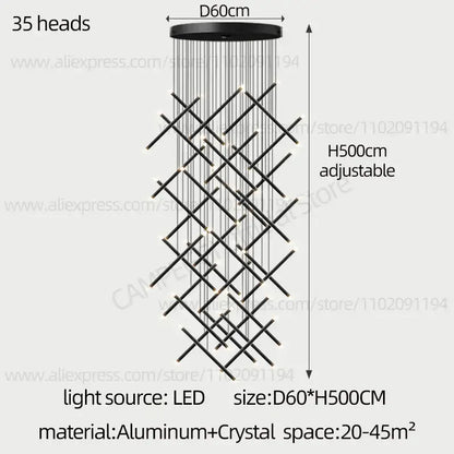 Black DecorBites LED staircase pendant chandelier with 35 led lights in geometric aluminum and crystal design