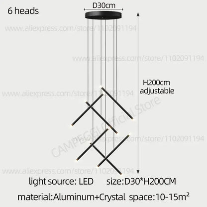 Black modern DecorBites led staircase pendant chandelier with six angular arms and crystal accents for restaurant use
