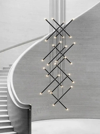 Black cylindrical decorbites led staircase pendant chandelier with intersecting rods and warm led lights for modern use