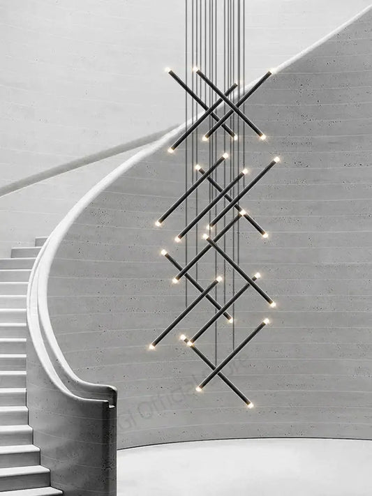Black cylindrical decorbites led staircase pendant chandelier with intersecting rods and warm led lights for modern use