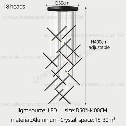 Black modern decorbites led staircase pendant chandelier with 18 led heads in geometric aluminum and crystal design