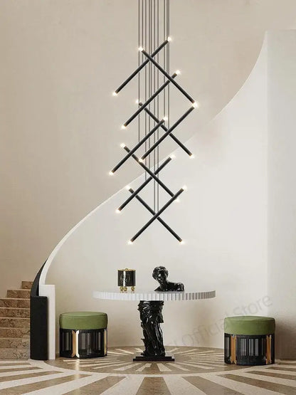 Black geometric DecorBites led staircase pendant chandelier with intersecting rods and embedded lights for modern spaces