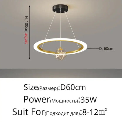 Modern minimalist decorbites led star chandelier with white and gold rings and a glowing orb for living room decor