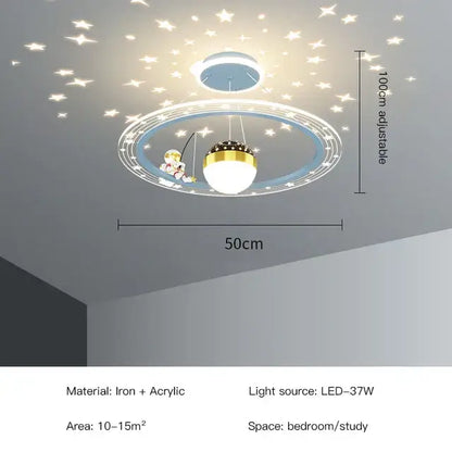 Whimsical decorbites led star chandelier featuring a cartoon astronaut fishing with a globe bulb and starry ceiling decals