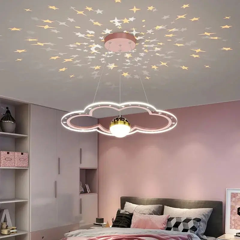 Decorbites led star chandelier cloud-shaped ceiling light with pink base white led edges and golden bulb projecting stars