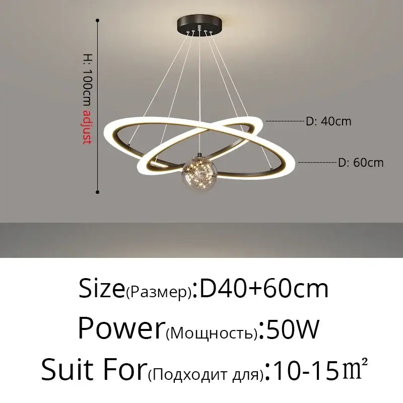Decorbites led star chandeliers modern dimmable pendant light with white interlocking rings and central crystal globe
