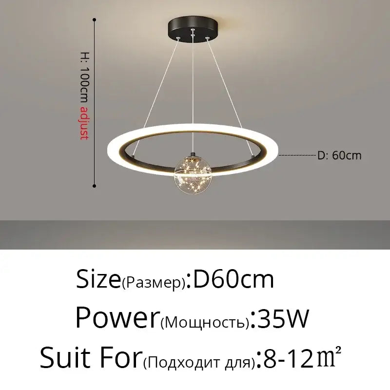 Modern black and white circular pendant light with central glass globe and internal leds in decorbites led star chandelier design