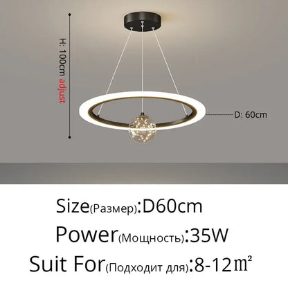 Modern black and white circular pendant light with central glass globe and internal leds in decorbites led star chandelier design