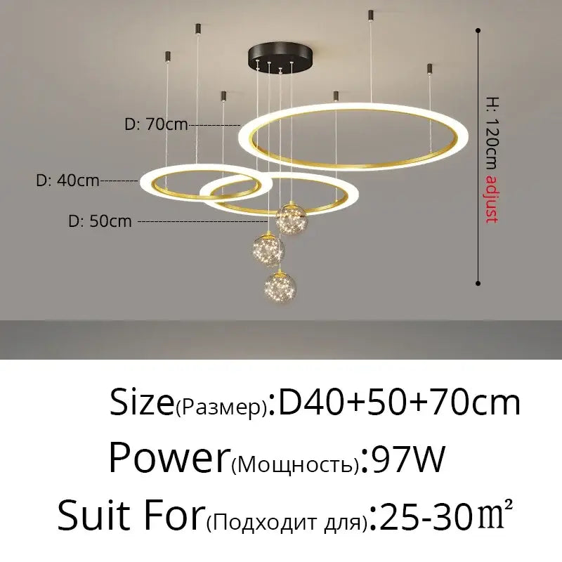 Modern tiered decorbites led star chandeliers with gold and white rings and crystal spheres for living room lighting