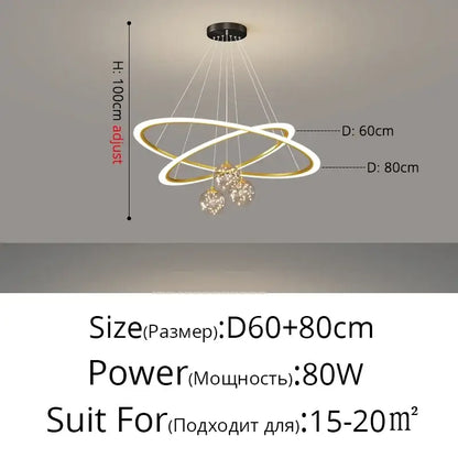 Modern double-ring decorbites led star chandelier with gold and white metallic rings and crystal pendant spheres for living room decor