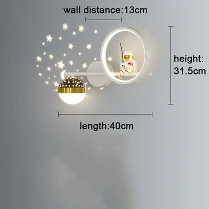 Modern white and gold decorbites led star wall light with circular fixture star-shaped leds and astronaut shelf display