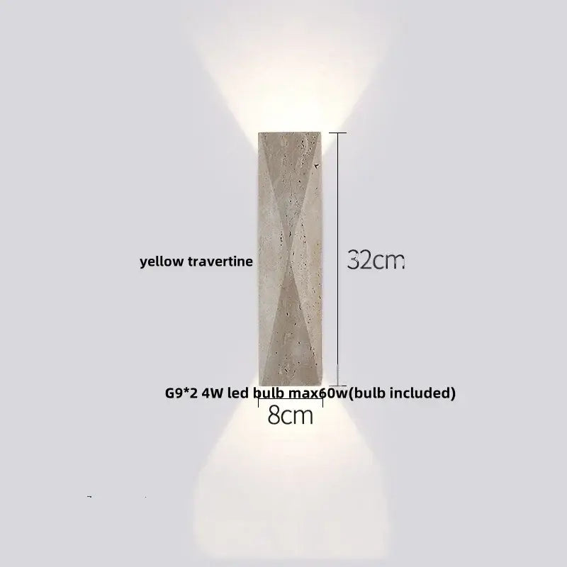 Modern nordic yellow cave bathroom wall lamp made of textured yellow travertine stone with geometric diamond pattern