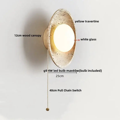 Modern wall lamp by decorbites led stone with textured yellow travertine canopy white glass diffuser and brass pull chain switch