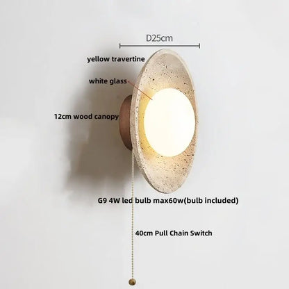 Yellow travertine decorbites led stone wall lamp with white glass diffuser and 12cm wood canopy for home decor
