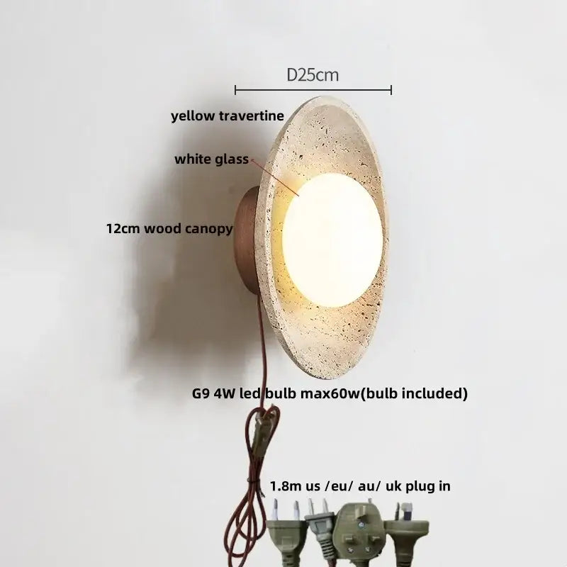 Modern nordic wall lamp with yellow travertine disc white glass center and wood canopy by decorbites led stone