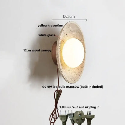 Modern nordic wall lamp with yellow travertine disc white glass center and wood canopy by decorbites led stone