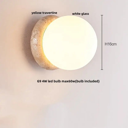 Modern wall lamp decorbites led stone featuring a circular white glass diffuser on yellow travertine base for home decor