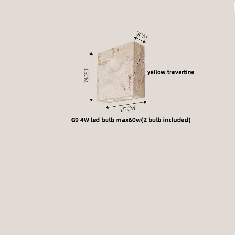 A rectangular yellow travertine decorbites led stone wall lamp sconce with two embedded g9 led bulbs for modern spaces