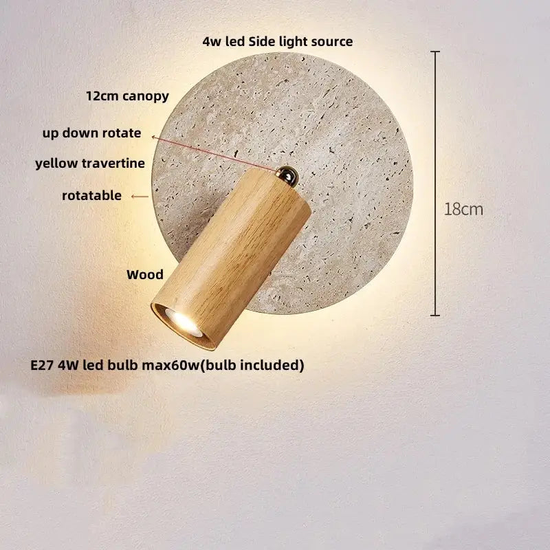 Decorbites led stone cylindrical wooden wall lamp with warm glow mounted on yellow travertine canopy for living room