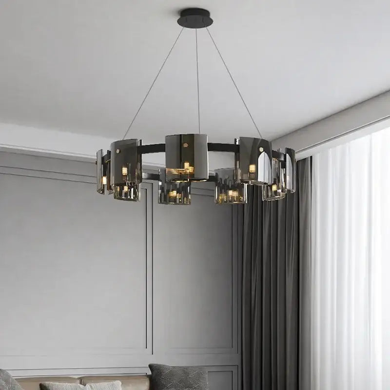 Modern black and smoked glass DecorBites LED Straight line ceiling chandelier with cylindrical shades and sleek design