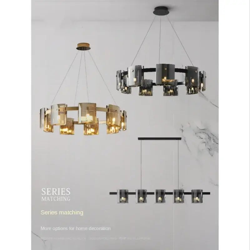Modern minimalist decorbites led straight ceiling chandelier with amber and smoked glass shades on black metal frame