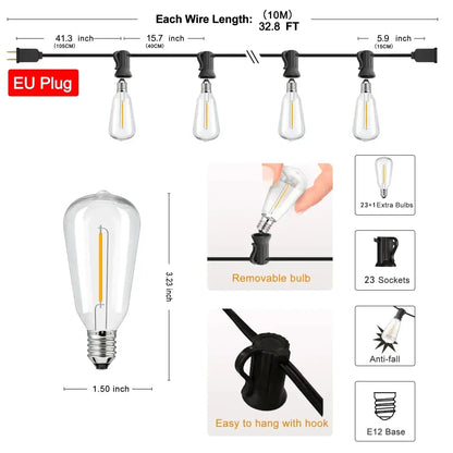 Clear glass edison-style bulb with visible filament and metallic base for decorbites led string outdoor lights