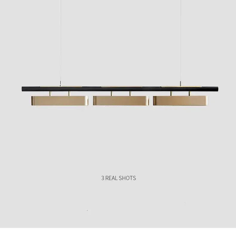 Decorbites™ modern minimalist strip pendant lights with black bar and three gold-toned minimalist strip led fixtures